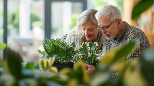 Couple caring houseplants at home. Caucasian mature man and woman with green plants. AI Generated