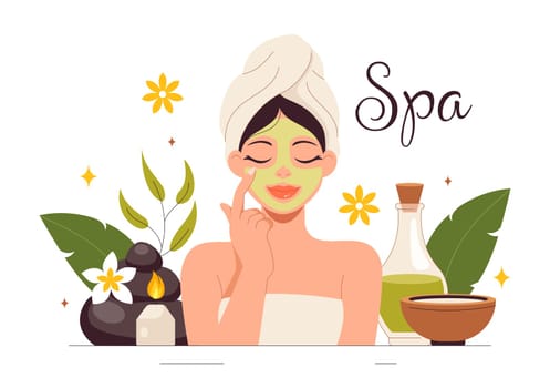 Illustration of Spa Beauty and Health featuring Natural Cosmetics and Eco Friendly Products for Problematic Skin or Facial Treatments in a Women