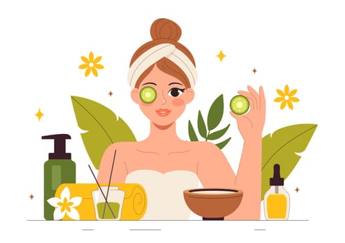 Illustration of Spa Beauty and Health featuring Natural Cosmetics and Eco Friendly Products for Problematic Skin or Facial Treatments in a Women