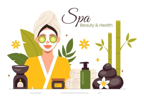 Illustration of Spa Beauty and Health featuring Natural Cosmetics and Eco Friendly Products for Problematic Skin or Facial Treatments in a Women