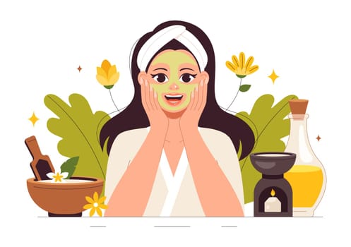 Illustration of Spa Beauty and Health featuring Natural Cosmetics and Eco Friendly Products for Problematic Skin or Facial Treatments in a Women