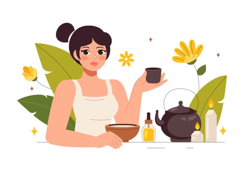 Illustration of Spa Beauty and Health featuring Natural Cosmetics and Eco Friendly Products for Problematic Skin or Facial Treatments in a Women