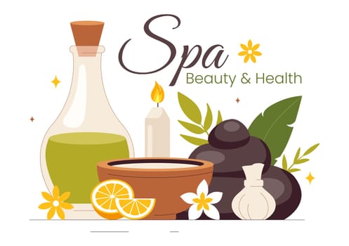Illustration of Spa Beauty and Health featuring Natural Cosmetics and Eco Friendly Products for Problematic Skin or Facial Treatments in a Women