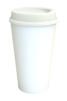 Blank white takeaway coffee cup with silicone cover isolated on white background. 3D illustration