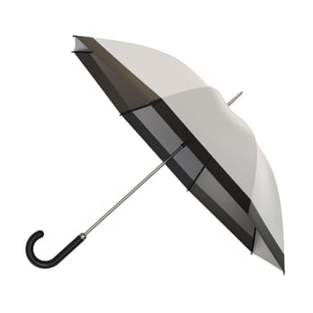 Open white and black umbrella with black handle lying on a side or flying away, isolated on white background. 3D illustration