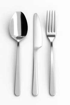 Fork, spoon and knife. Photo realistic 3D illustration. Cutlery, kitchen silverware. For use in menu, restaurant printables, web site.
