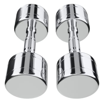 Two blank Round Dumbbells, chrome weightlifting gym equipment top view, isolated on white background. 3D illustration
