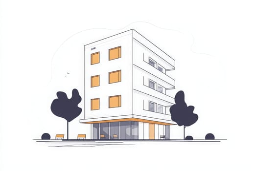 A minimalist hotel building features simple geometric shapes and clean lines, showcasing large windows and an inviting entrance. The design harmonizes with nearby greenery and a tranquil atmosphere.