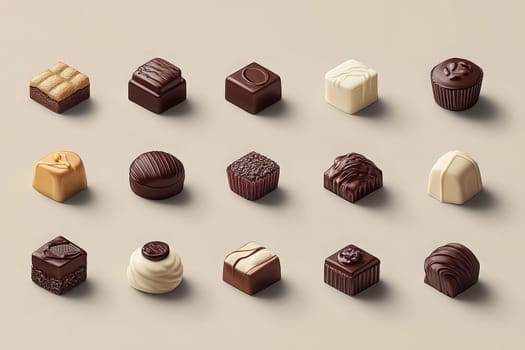 An assortment of chocolate icons featuring various textures and shapes is displayed neatly on a neutral background. Each piece showcases distinct flavors with a minimalist design aesthetic.