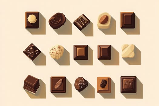 A collection of minimalist chocolate flavor icons showcases various types of chocolates on a clean, light surface. Each piece features unique designs and textures that highlight their flavors.