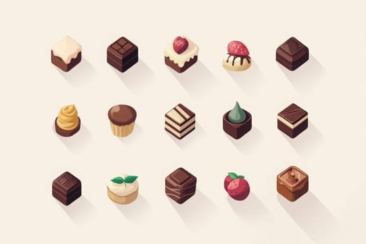 A collection of minimalist dessert icons showcases an array of chocolate treats artfully arranged. Each confection has its unique design, reflecting sweetness and creativity in a stylish presentation.