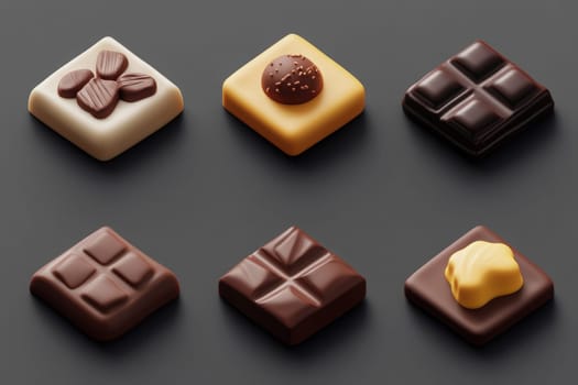 A collection of six minimalist chocolate flavor icons arranged neatly on a dark surface. Each piece showcases unique textures and flavors, emphasizing simplicity and elegance.