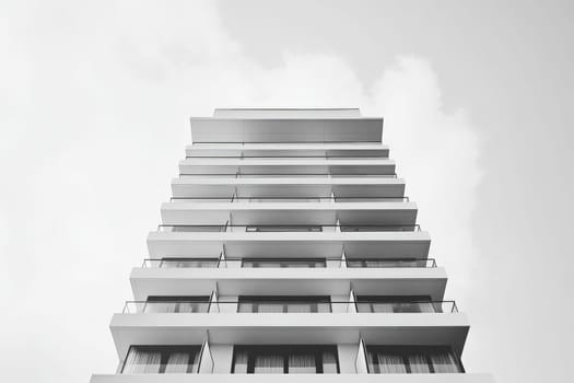 A sleek, minimalist hotel stands imposingly against a cloudy sky, featuring smooth lines and open balconies. Its architectural design emphasizes simplicity and elegance in urban accommodation.