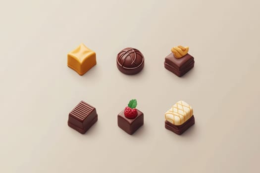 A collection of six minimalist chocolate icons is displayed on a smooth, neutral background.