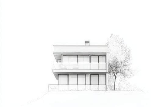 This minimalist hotel building features a sleek design with large windows and balconies, situated in a tranquil environment. The simplistic lines highlight modern architectural elegance.
