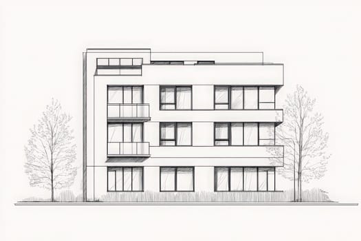A sleek, minimalist hotel building showcases its clean architectural lines against a light backdrop. The design features large windows and balconies, surrounded by trees, creating a serene atmosphere.