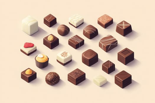 Various elegant chocolate confections are artfully arranged in a minimalist style on a soft pastel background, showcasing different shapes and textures of delightful sweets perfect for any occasion.