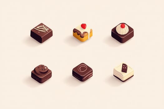 This design features six minimalist chocolate dessert icons, each representing distinct flavors.