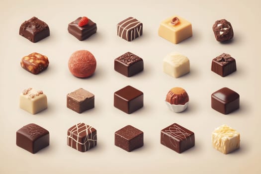 Delicious chocolate flavor icons are arranged symmetrically against a clean, light backdrop, showcasing various textures and designs that highlight their rich appeal and gourmet essence.