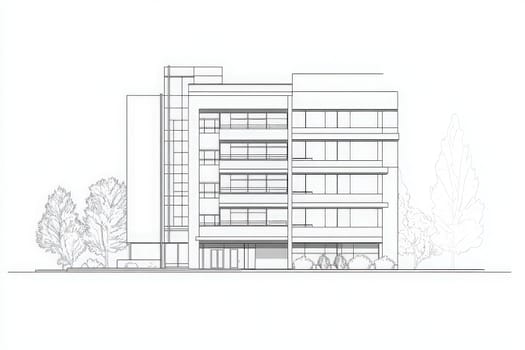 This design showcases a clean, minimalist outline of a hotel building, emphasizing modern architectural features with surrounding greenery. The structure highlights an elegant, inviting aesthetic.