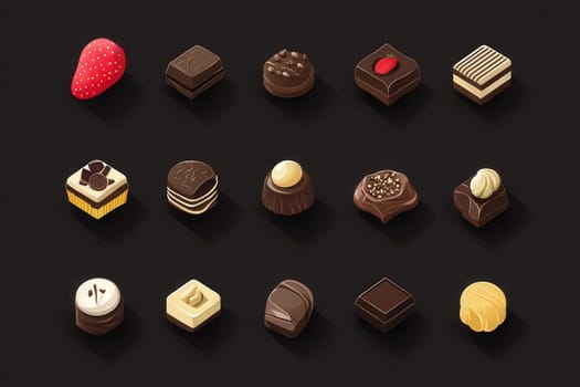 Various minimalist chocolate dessert icons are arranged on a dark surface. The icons include different shapes and flavors, such as fruity and creamy options, highlighting the diversity of desserts.