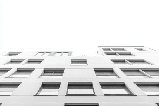A modern hotel building showcases a minimalist design, featuring a sleek white facade and large windows. The straight lines and symmetry create a visually appealing structure under a clear sky.