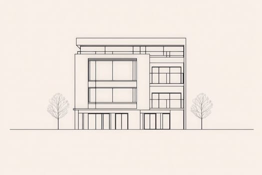 The elegant outline of a minimalist hotel building is showcased, emphasizing its clean lines and modern architecture. Two trees frame the structure, creating a serene atmosphere.