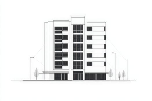 This architectural outline showcases a minimalist hotel design characterized by clean lines and large windows.