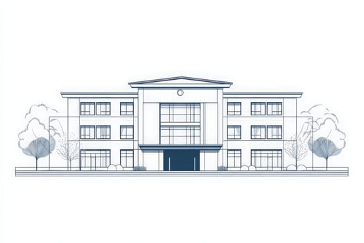 A minimalist outline of a hotel building showcases its clean architectural lines and design features. The structure is complemented by trees and landscaping that enhance its modern aesthetic.