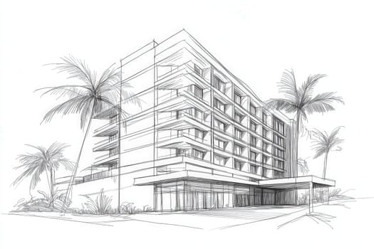 This architectural drawing presents a minimalist hotel with clean lines, emphasizing modern design. Surrounding palm trees enhance the tropical atmosphere, perfect for relaxation and leisure.
