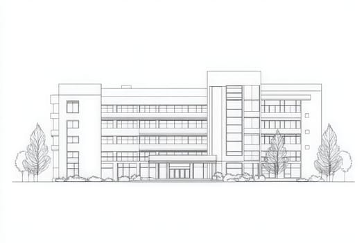 This architectural outline showcases a minimalist hotel building featuring clean lines. It highlights a contemporary design with a welcoming entrance and surrounding greenery.