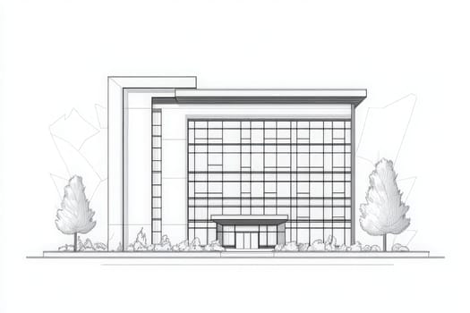 The outline features a minimalist hotel design with large glass windows and a landscaped entrance.