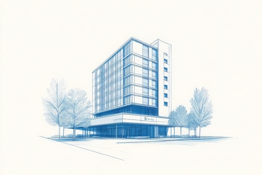 This minimalist hotel design features clean architectural lines and a contemporary aesthetic, situated in an urban area surrounded by trees and open space, emphasizing a blend of nature and modernity.