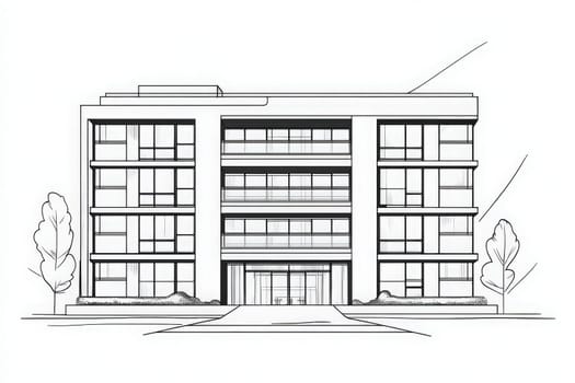 This minimalist hotel structure features a sleek outline with clean lines and spacious balconies. Its inviting entrance and landscaped surroundings create a welcoming atmosphere for guests.