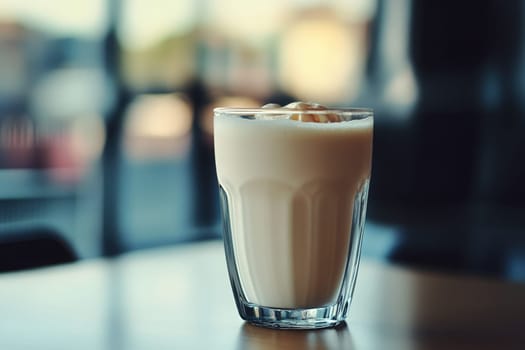 A simple milkshake glass sits on a wooden table, filled with a creamy drink topped with a swirl of whipped cream, all against a softly blurred background of natural light.