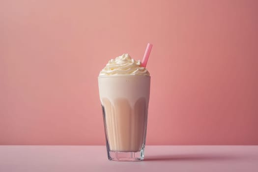 The glass showcases a creamy milkshake topped with indulgent whipped cream and garnished with a pink straw. Set against a soft pink backdrop, this aesthetic creates a calming atmosphere.