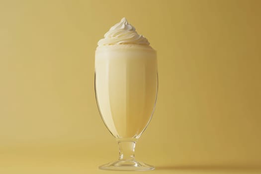 This glass features a smooth, creamy milkshake topped with a generous swirl of whipped cream, set against a bright yellow backdrop. The simplicity draws attention to the delightful dessert.