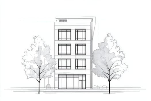 The illustration presents a sleek, minimalist hotel building design, showcasing a modern architectural style with large windows and surrounding trees, emphasizing a clean aesthetic.