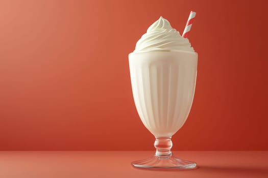 A tall, elegant milkshake glass showcases a thick, creamy treat topped with a fluffy swirl of whipped cream. A striped straw peeks out against a smooth, orange backdrop.
