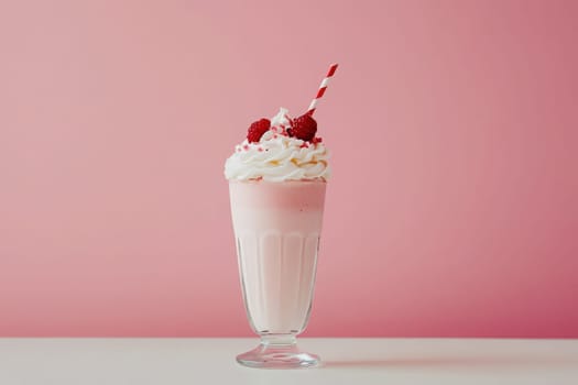 This milkshake glass showcases a smooth pink shake topped with whipped cream and fresh raspberries, paired with a red straw, all against a soft pink background for a charming minimalist look.