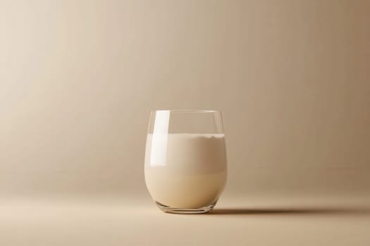 A clear glass filled with a creamy milkshake stands on a minimalist beige surface, highlighting the simplicity and smooth texture of the beverage. The soft colors enhance the serene aesthetic.