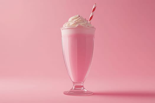 A pink milkshake topped with whipped cream and a striped straw stands against a pastel pink background, creating a vibrant yet minimalist look that showcases its deliciousness.