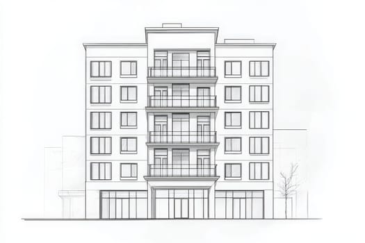 The architectural drawing illustrates a clean, minimalist hotel building design featuring multiple stories and large windows. The outline emphasizes simplicity and contemporary aesthetics.
