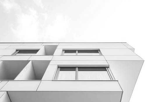 This building showcases a minimalist hotel design with a sleek facade and large windows, emphasizing simplicity and modernity under a soft, cloudy sky.