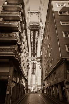 The Bizkaia suspension transporter bridge (Puente de Vizcaya) in Portugalete, Spain. The Bridge crossing the mouth of the Nervion River.