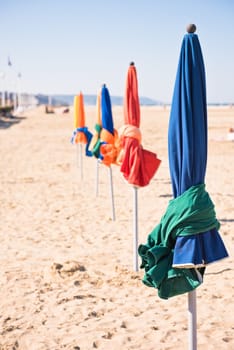 The famous colorful parasols on Deauville beach, Normandy, Northern France