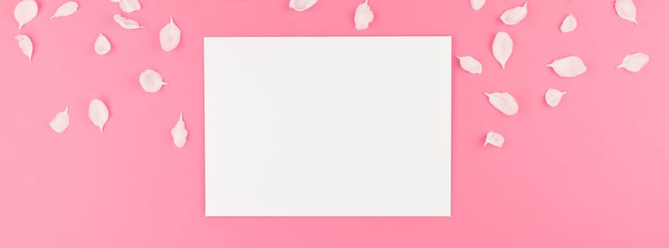 Creative flat lay concept top view of blank postcard mock up and apple tree flowers petals on pastel pink background with copy space in minimal style, template for text. Long wide banner