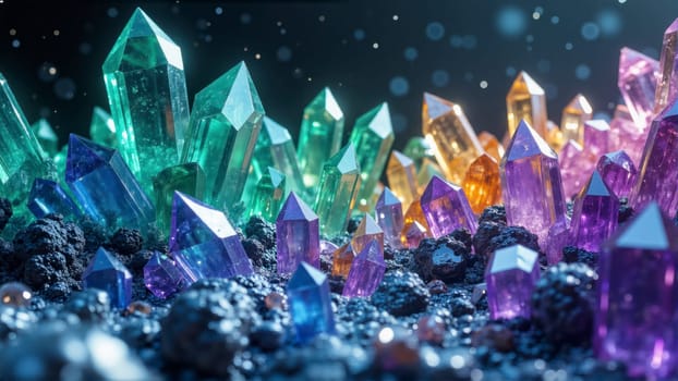 A colorful array of crystals on a rocky surface. The colors are vibrant and the arrangement is visually striking