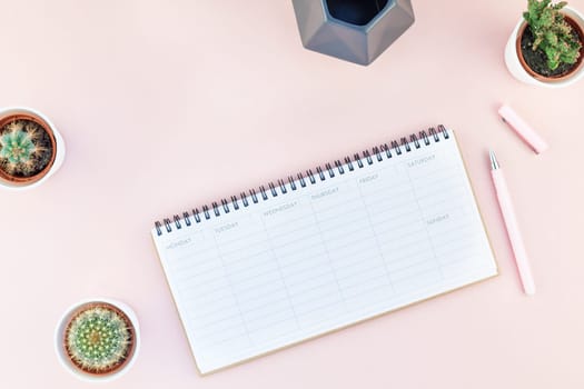 Top view flat lay of workspace desk styled design office supplies and cactuses succulents with copy space millennial pink color paper background minimal style. Template for feminine blog social media