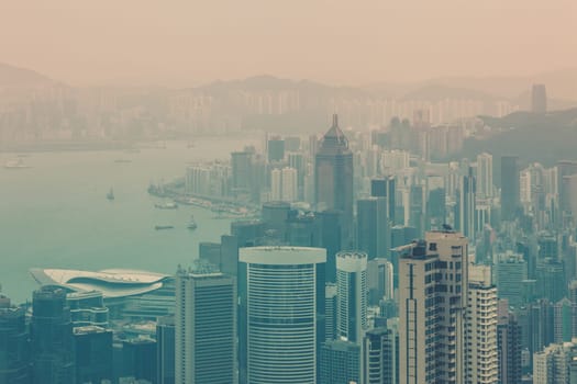 Haze Hong Kong downtown view from Victoria peak. Filtered shot